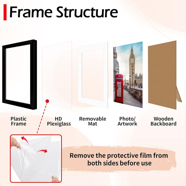 5X7 Picture Frame Set 8 Pack, Black Picture Frames for Wall or Tabletop Display, Fits Pictures 4X6 with Mat or 5X7 without Mat, Poster Photo Frame with Plexiglass for Gallery Home Wall Decor3