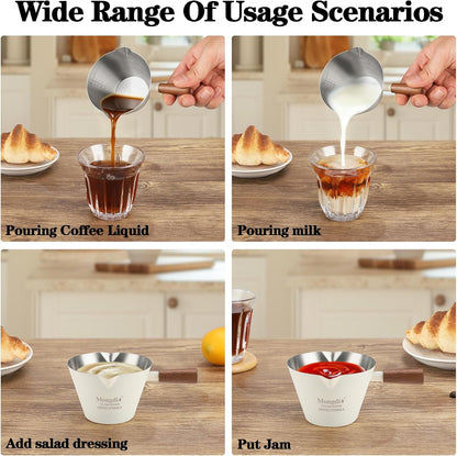 Espresso Measuring Cup, Stainless Steel Espresso Shot Cups with Wooden Handle and Double Spouts, 6.8OZ/200ML, White2