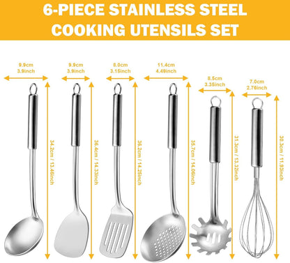 6-Piece Kitchen Cooking Utensils Set, Stainless Steel Kitchen Utensils with Suspendable Handle, Spatula, Slotted Turner, Soup Ladle, Slotted Spoon, Whisk, Pasta Server, Dishwasher Safe2