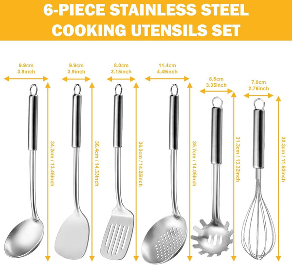 6-Piece Kitchen Cooking Utensils Set, Stainless Steel Kitchen Utensils with Suspendable Handle, Spatula, Slotted Turner, Soup Ladle, Slotted Spoon, Whisk, Pasta Server, Dishwasher Safe2