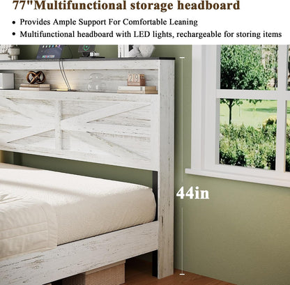 Farmhouse King Size Bed Frame with Headboard Storage Shelf, Wood Platform Bed Frame with LED Lights & Charging Station, Rustic White Metal Bed, No Box Spring Needed, Noise-Free Sturdy Structure5