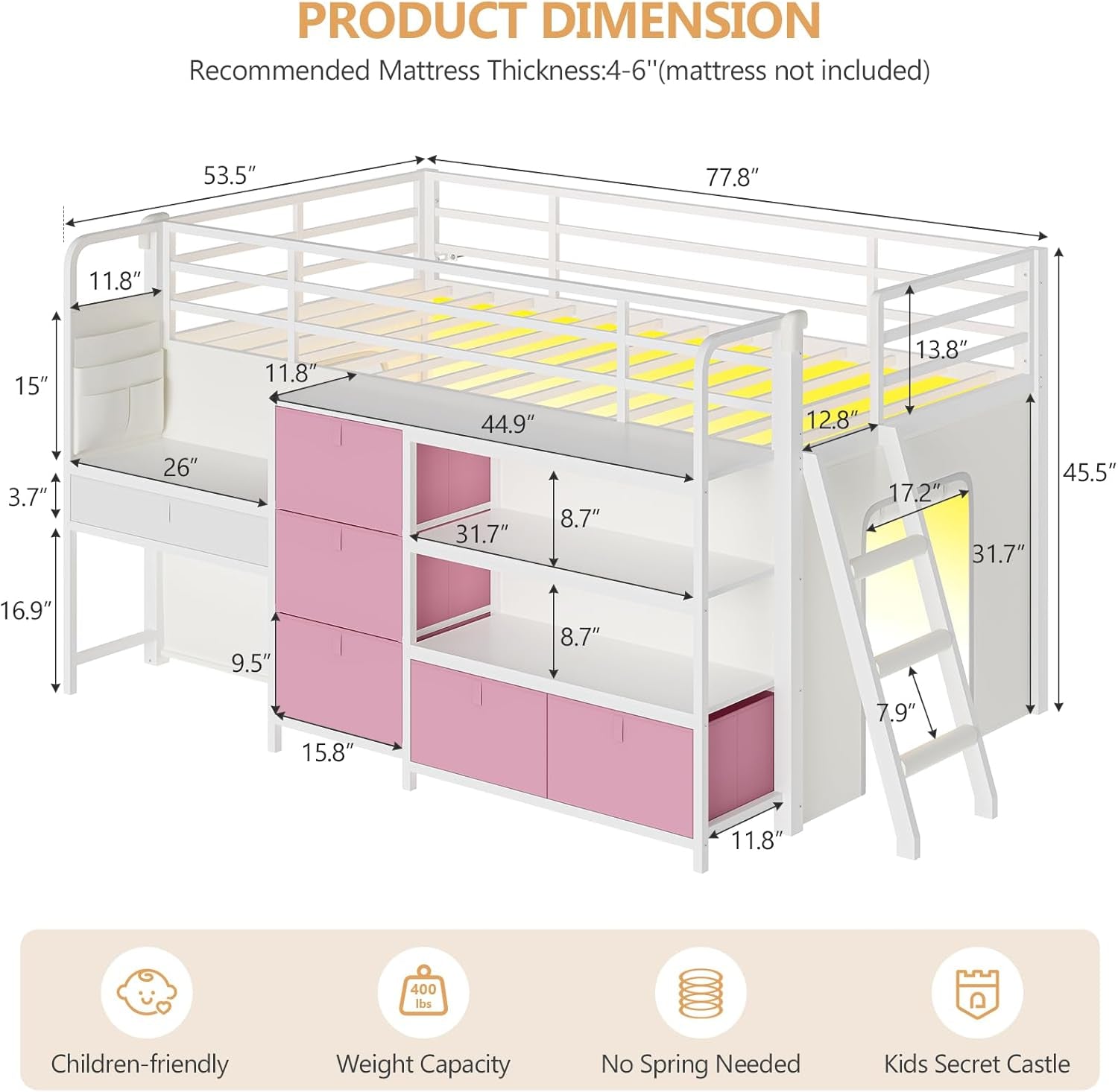 low-loft-bed-with-desk-and-6-storage-drawers-twin-loft-bed-with-bookshelf-led-lights-under-bed-play-space-kids-twin-beds-with-13-8h-safety-guardrail-inclined-ladder-play-curtain-pink-white
