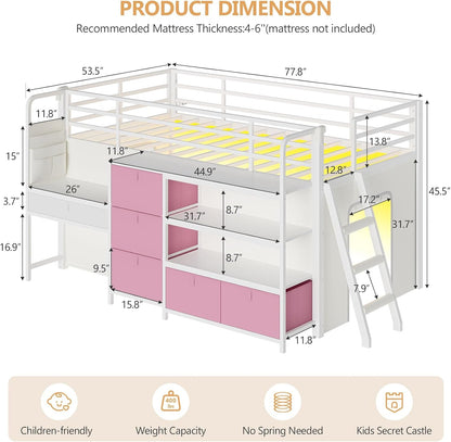Low Loft Bed with Desk and 6 Storage Drawers Twin Loft Bed with Bookshelf,Led Lights & Under-Bed Play Space,Kids Twin Beds with 13.8''H Safety Guardrail,Inclined Ladder&Play Curtain,Pink+White2
