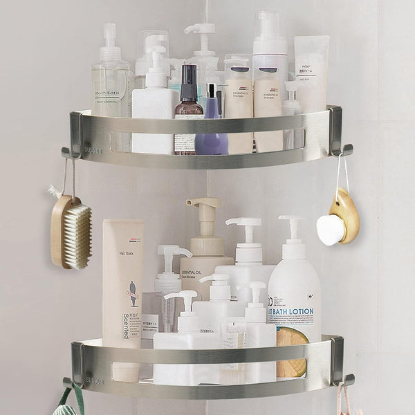 Bathroom Shower Caddy 2 Pack, 304 Stainless Steel Shower Organizer with 2 Hooks, No Drill (Corner Shelf, Brushed Nickel)6