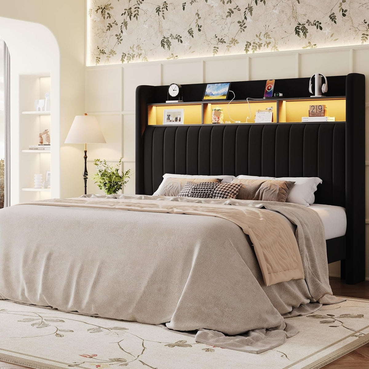 full-size-platform-bed-frame-2-tier-storage-shelf-velvet-wingback-upholstered-headboard-led-lights-and-charging-station-no-box-spring-needed-noise-free-easy-assembly-black
