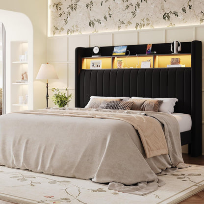 Full Size Platform Bed Frame / 2-Tier Storage Shelf/Velvet Wingback Upholstered Headboard/Led Lights and Charging Station/No Box Spring Needed/Noise-Free/Easy Assembly/Black1