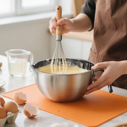 3 Pieces 304 Stainless Steel Mixing Bowls, 1.3/2.1/2.6 Quart Mixing Bowl Set with Handle, Pour Spouts & Measurement Marks, Metal Nesting Bowls with Silicone Spatula for Baking Cooking7