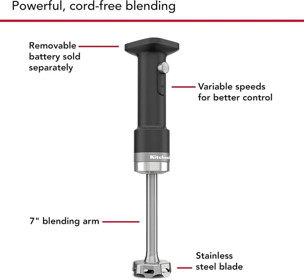 Kitchenaid Go Cordless Hand Blender, Battery Sold Separately, KHBRV00 | Cordless, 7" Blending Arm, Variable Speed Trigger Switch, 3-Cup Bpa-Free Jar, Battery Sold Separately, Black Matte3