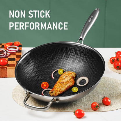 Hybrid 12-Inch Wok with Steamer,Nonstick Stainless Steel Woks & Stir-Fry Pans with Lid,Stay-Cool Handle,Pfoa Free Cookware,Dishwasher and Oven Safe, Works on Induction2