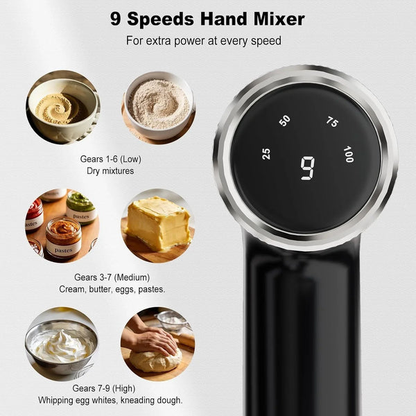 Electric Hand Mixer with 9 Speeds, Powerful Motor, Cordless Hand Mixer with Whisk, Dough Hook and Mixing Rod for Whipping Eggs, Cream, Butter, Jam, Kneading Dough and Blending (White+Black)2