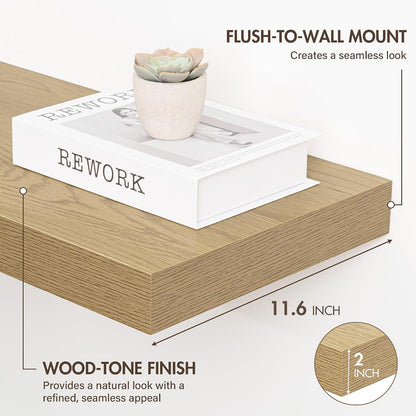 48 Inch Floating Shelves, 12" Deep Floating Shelf Wall Mounted, 48" Wall Shelves, Rustic Deep Bookshelf, Extra Deeper & Thicker Display Shelves for Bedroom, Living Room, Oak, Set of 23