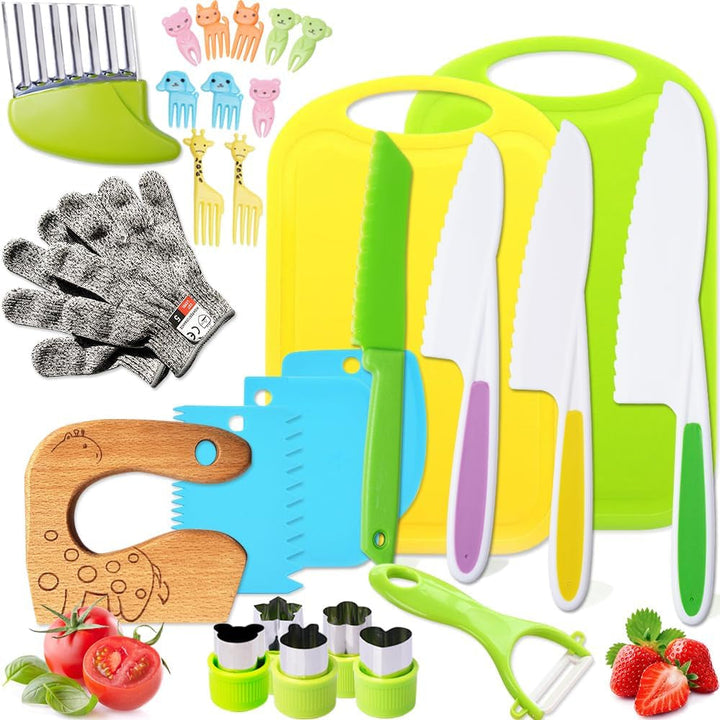 Kidz Safe Knife Set for Toddlerz Real Cooking - Toddlerz Knives Sets Kitchen Tools with Gloves Cutting Board Fruit Vegetable Crinkle Cutters