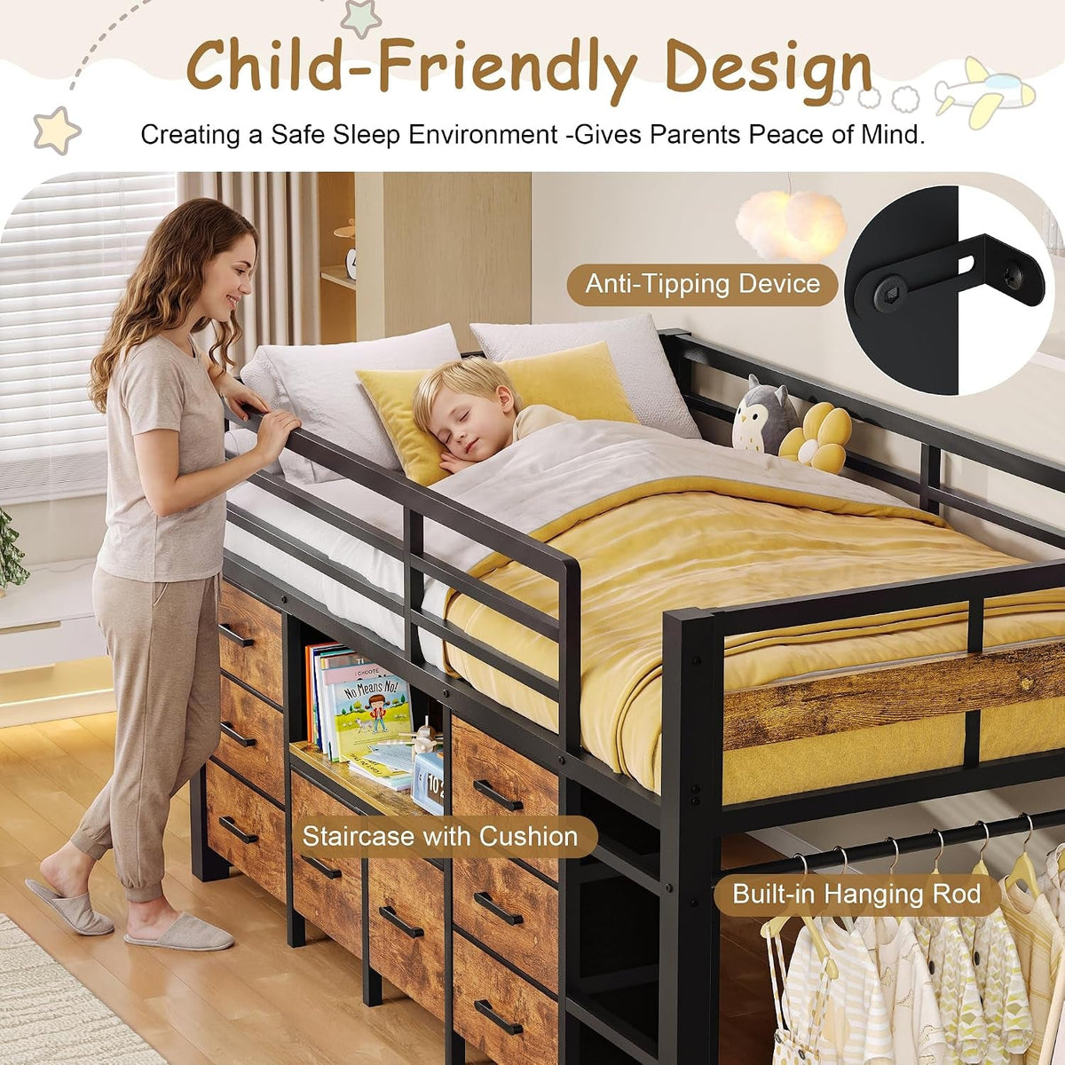 low-loft-bed-twin-size-with-8-storage-drawers-twin-loft-bed-with-bookcase-metal-kids-loft-bed-with-13-h-safety-guardrail-under-bed-play-space-and-play-curtain-for-kids-rustic-brown