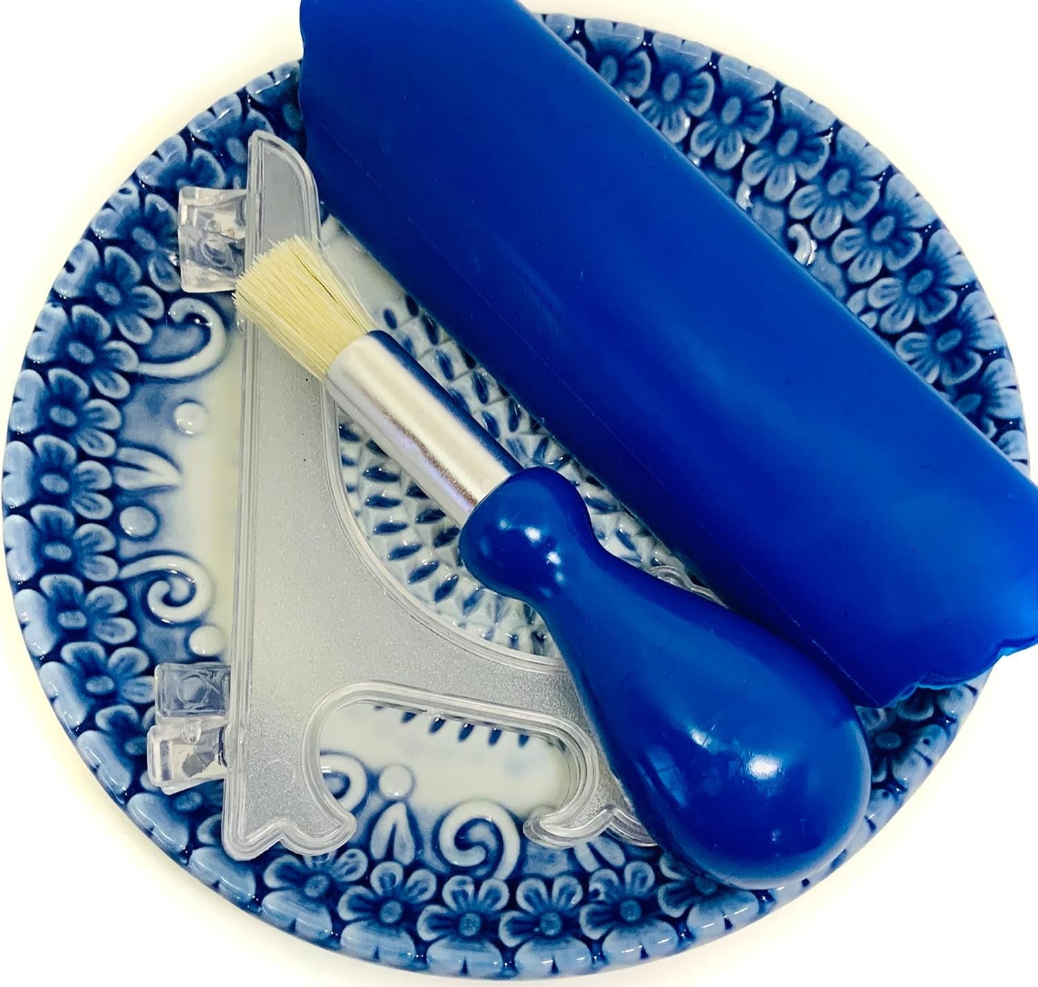 premium-ceramic-garlic-grater-plate-set-blue-embossed-all-in-one-4-piece-set-includes-5-25-plate-peeler-brush-and-stand-for-garlic-ginger-fruits-strawberries-and-more