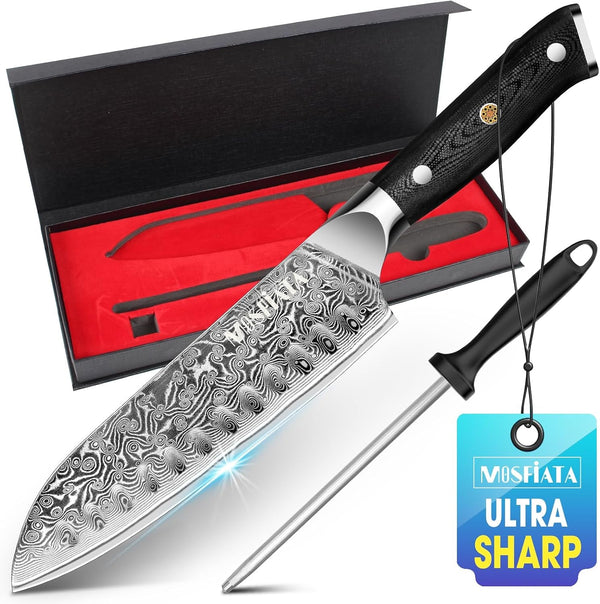 Chef Knife,Kitchen Knife Santoku Chef'S Knife 7 Inch Multifunction Kitchen Knives Damascus Steel VG-10 Blade,Knife Sharpener Rod Gift Box1