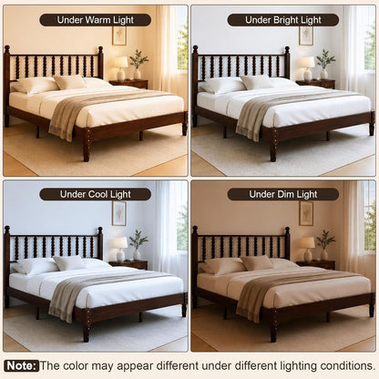 Walnut Vintage Wood Bed Frame Queen Size with Spindle Headboard7