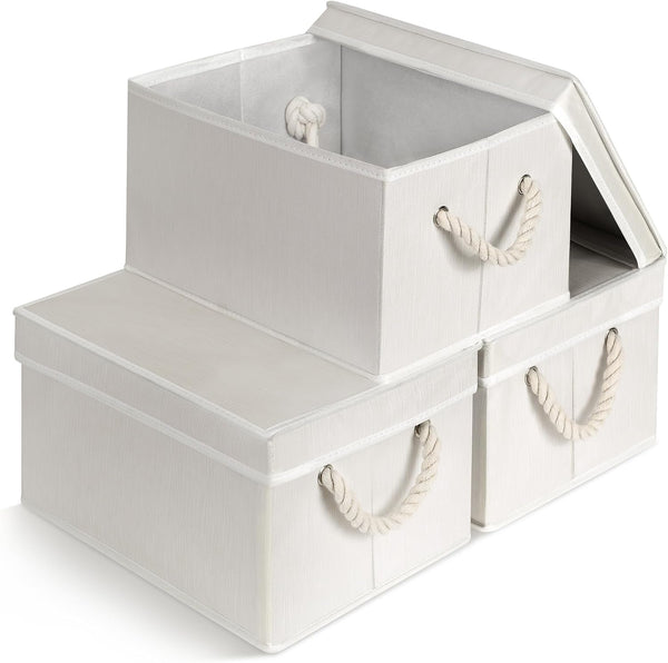 Set of 3 Fabric Bins for Organization - Foldable & Stackable with Lid & Rope Handles - Collapsible Fabric Storage Cubes Lightweight & Sturdy Bottom, Space Saving Collapsible Bin, Ivory1