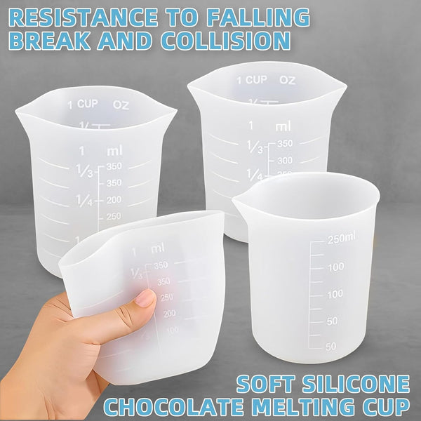 Silicone Cups for Melting Chocolate, 4Pack 100/250/350Ml Capacity Silicone Measuring Cups with 2Pcs 5Ml Droppers，Reusable Baking Supplies for DIY Chocolate Molds6