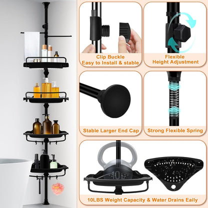Rustproof Shower Caddy Tension Pole Corner Shower Caddy Organizer 4 Tier Adjustable Shelves with Tension Pole and Large Capacity for Bathtub Shampoo Accessories Storage Rack 38.8-122.7Inch2