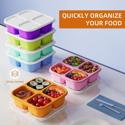 6 Pcs Bento Snack Containers, Reusable 4 Compartment Food Storage Container with Lids, Divided Lunchable Container, Freezer, Microwave & Dishwasher Safe (6 Color)6