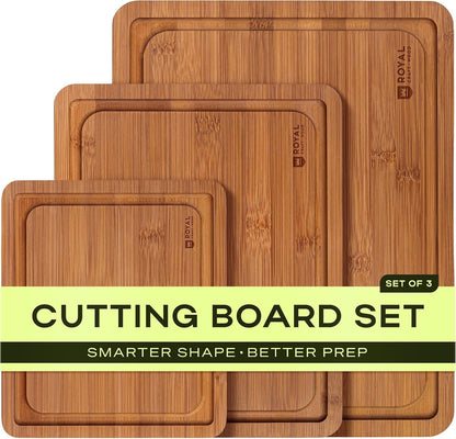 Wooden Cutting Boards for Kitchen Meal Prep & Serving - Bamboo Non Toxic Cutting Board Set with Deep Juice Groove Side Handles - Charcuterie & Chopping Butcher Block for Meat (3 Pcs)1