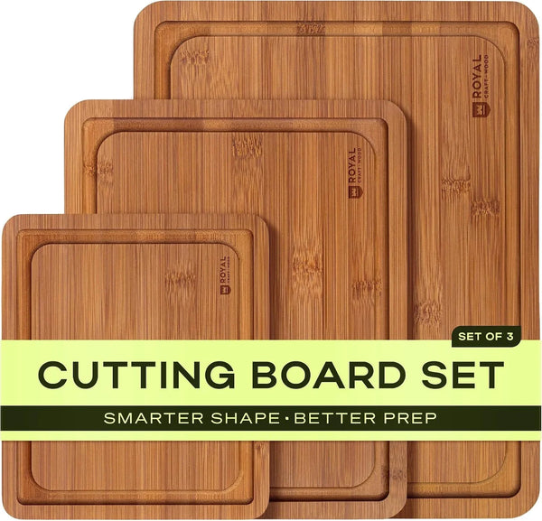 Wooden Cutting Boards for Kitchen Meal Prep & Serving - Bamboo Non Toxic Cutting Board Set with Deep Juice Groove Side Handles - Charcuterie & Chopping Butcher Block for Meat (3 Pcs)1