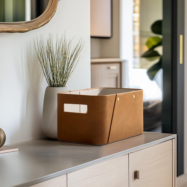 Faux Leather Storage Baskets for Organizing, Camel 2 Pack2