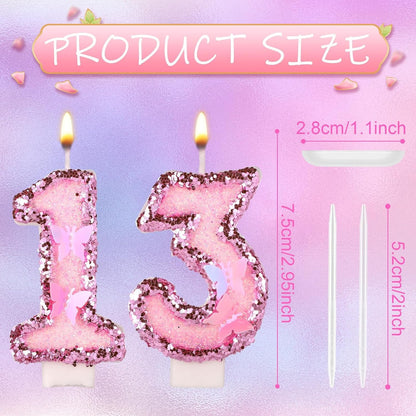 Girl Birthday Number 13 Candle, 2.95In Glitter Butterfly Pink Sequin Candle2