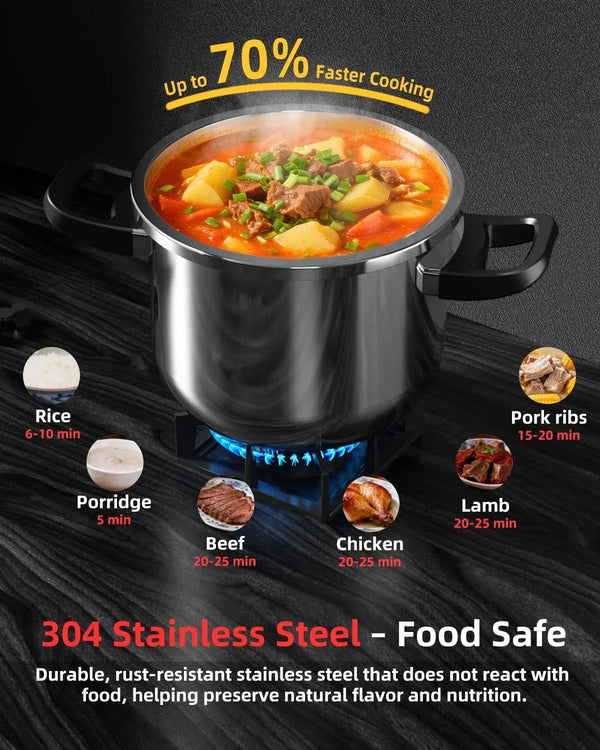 8 Qt Pressure Cooker Stainless Steel, Pressure Cooker with One-Hand Locking, Dual Locking Safety System, [3-In-1]Compatible with Gas & Induction, Fast Cooking for Large Meals3