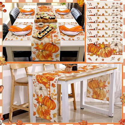 19 Pcs Fall Table Runner and Placemats Set, Fall Pumpkin Runner, Placemats, Napkins, Napkin Rings Kitchen Dining Table Decoration for Autumn Harvest Thanksgiving Party Decor3