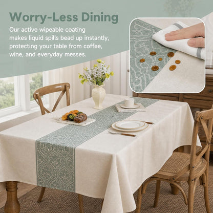 55"X86" Sage Green Medallion Tablecloth Waterproof Rustic Decor3