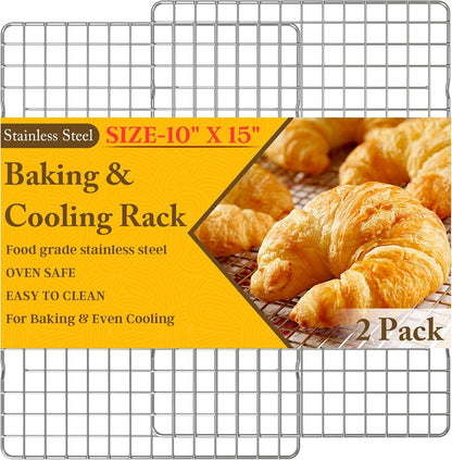 2PCS Cooling Racks for Cooking and Baking - 10" X 15"Heavy Duty Stainless Steel Wire Rack for Baking, Grilling, Roasting - Oven & Dishwasher Safe - Fits Jelly Roll Sheet Pan-Silver1