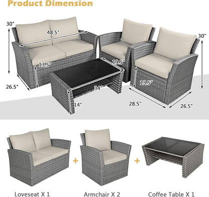 4 Pieces Conversation Set Outdoor Patio Rattan Furniture Set with Cushions and Coffee Table, Sectional Wicker Sofa Set for Garden Porch Balcony Poolside9