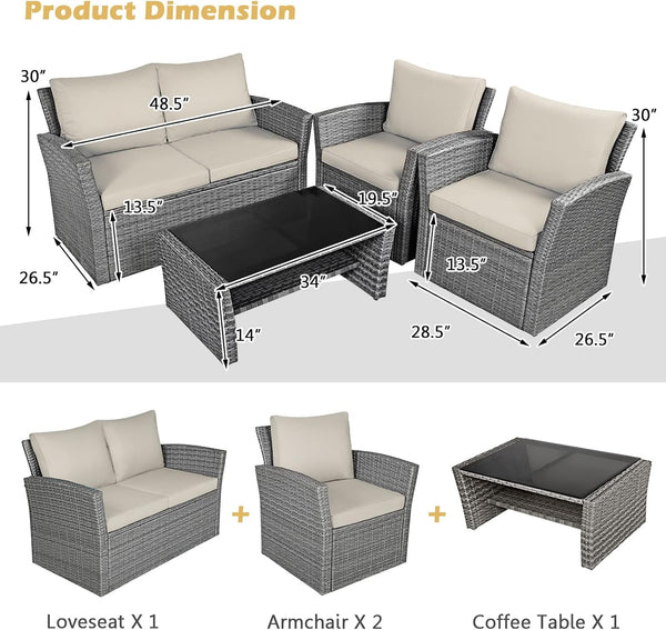 4 Pieces Conversation Set Outdoor Patio Rattan Furniture Set with Cushions and Coffee Table, Sectional Wicker Sofa Set for Garden Porch Balcony Poolside9