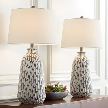Philip 28 1/4" Tall Table Lamps Set of 2 Gray Wash Cottage Coastal Modern | White Living Room Bedroom House Bedside Nightstand Home Office Family Tapered Drum Shade1