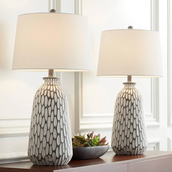 Philip 28 1/4" Tall Table Lamps Set of 2 Gray Wash Cottage Coastal Modern | White Living Room Bedroom House Bedside Nightstand Home Office Family Tapered Drum Shade1