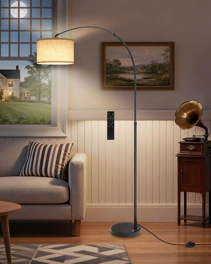 75" Arc Floor Lamp with Marble Base and Adjustable Height, Rotating Hanging Shade, Dimmable Floor Lamp for Living Room with Remote and Foot Switch, 3CCT, over Couch Arched Reading Light E15LD059