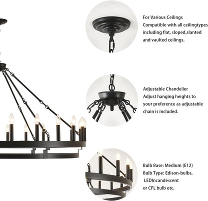 53 Inch Large Black Wagon Wheel Chandelier,Farmhouse Industrial Country Style round Pendant Light Fixture,Round Ceiling Light Fixtures for Outdoor Porch High Ceilings Living Foyer Entryway4