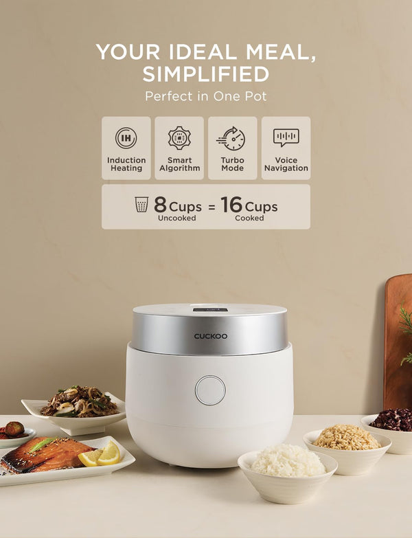CUCKOO Induction Heating Rice Cooker, 16-Cup Cooked, White, CR-HA0810FW | 8-Cup Uncooked Capacity, Nonstick Inner Pot, 12 Cooking Modes, Ideal for Delicate Grains, Turbo White Rice in 20-33 Minutes2