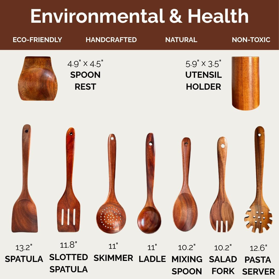 wooden-utensil-set-9-pcs-hand-crafted-heat-resistant-non-scratch-easy-to-clean-natural-teak-wooden-kitchen-tools-with-spatula-slotted-spatula-spoons-ladle-pasta-server-salad-fork-holder-set