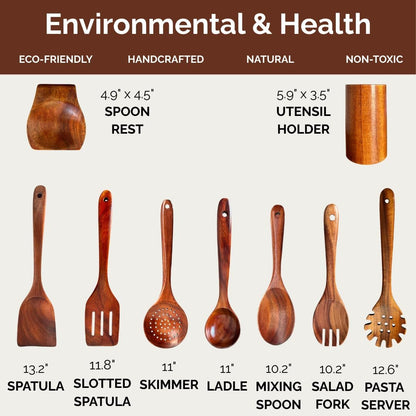 Wooden Utensil Set 9 PCS Hand-Crafted, Heat-Resistant, Non-Scratch & Easy-To-Clean Natural Teak Wooden Kitchen Tools with Spatula, Slotted Spatula, Spoons, Ladle, Pasta Server, Salad Fork, Holder Set2