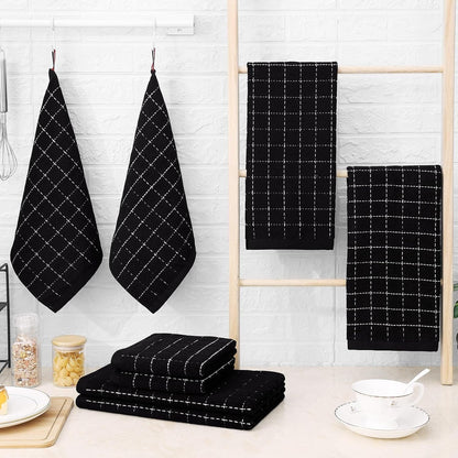 Kitchen Towels and Dishcloths Set, Set of 8, Black | Bulk Cotton Terry Kitchen Towels, Checkered Designed, Soft and Super Absorbent Dish Towels, 12 X 12 and 13 X 28 Inches9