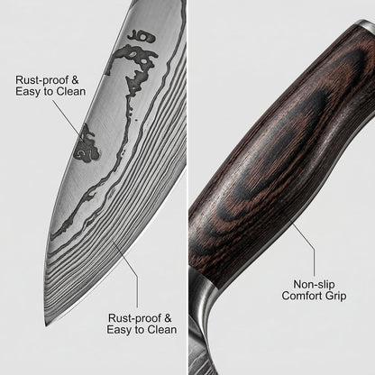 5-Piece Japanese Kitchen Knife Set, High Carbon Stainless Steel, Damascus Pattern Blades with Pakkawood Handle, Chef, Santoku, Cleaver, Paring3