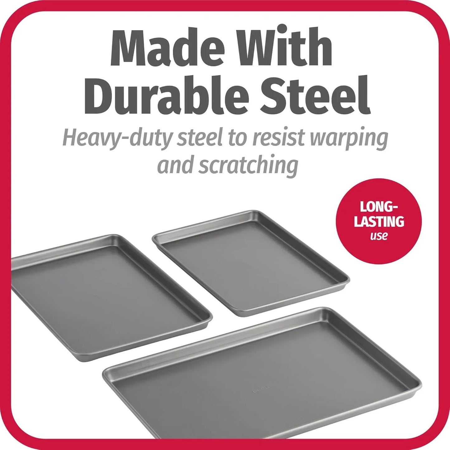 3-piece nonstick carbon steel baking sheet set in small, medium, large sizes made with durable steel