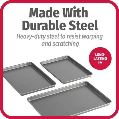 3-piece nonstick carbon steel baking sheet set in small, medium, large sizes made with durable steel