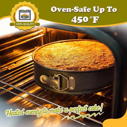 Nonstick leakproof springform cake pan with baked cake inside oven heating evenly