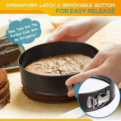 Hands releasing chocolate cake from black nonstick springform pan with latch and removable bottom