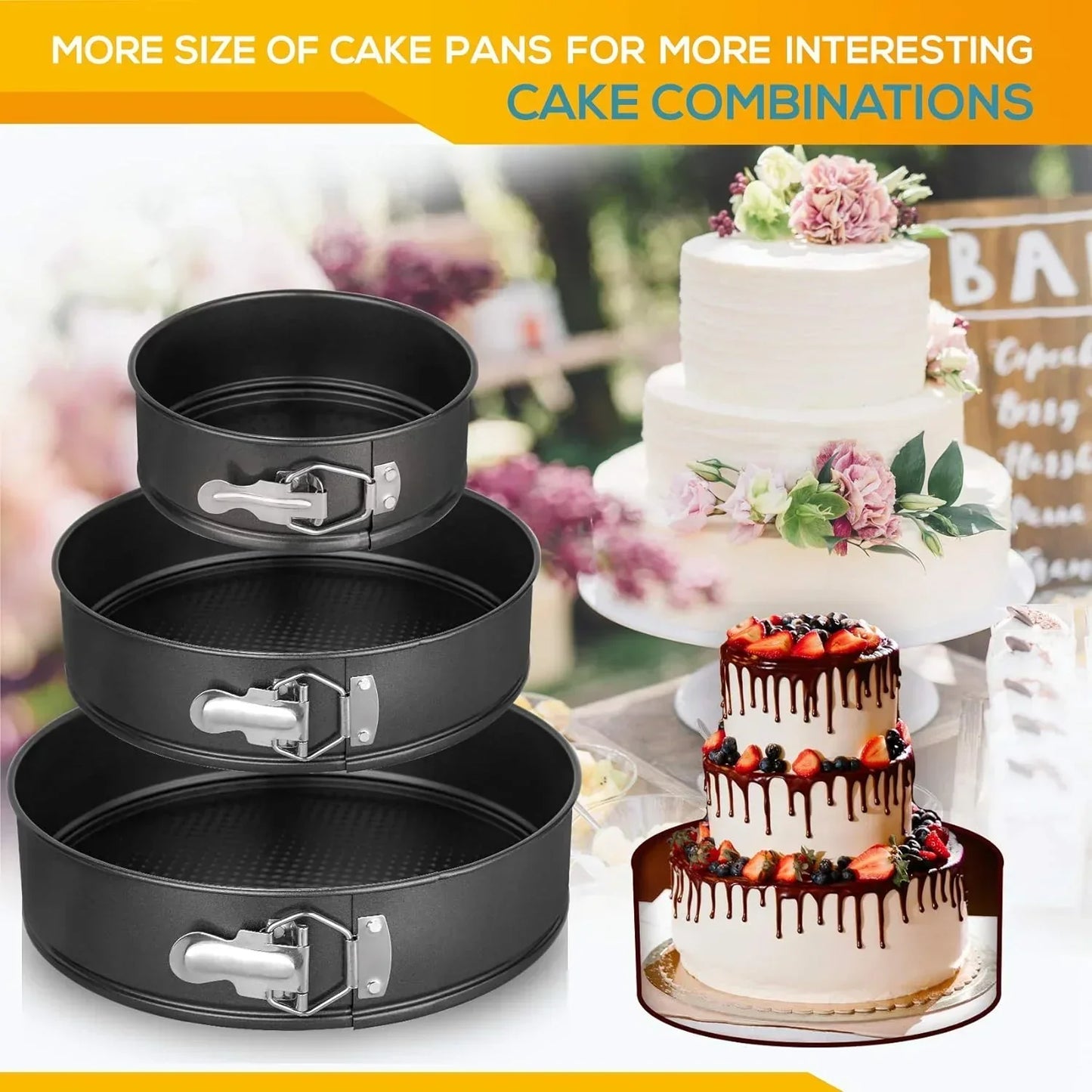 3-piece nonstick leakproof springform cake pan set in 6, 8, 10 inches with decorative tiered cakes