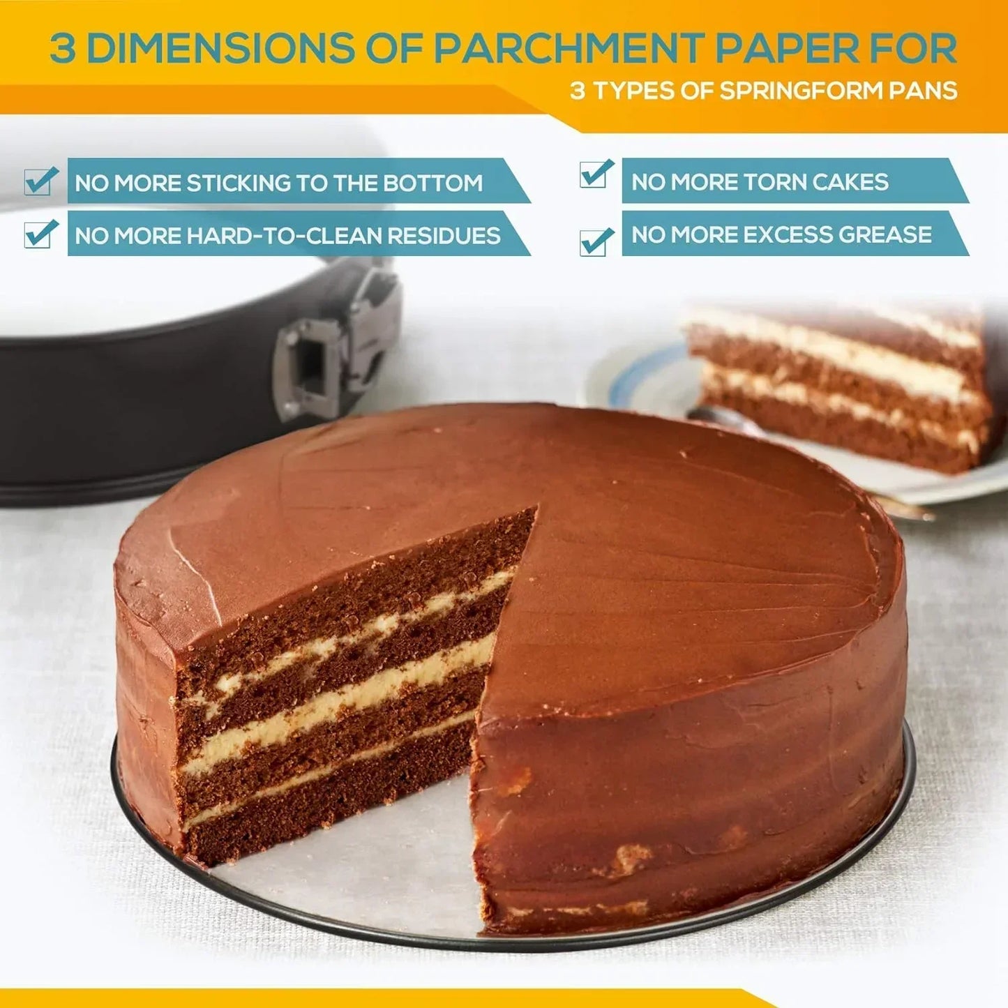 Three-layer chocolate cake with frosting in a nonstick springform pan and sliced piece on a plate