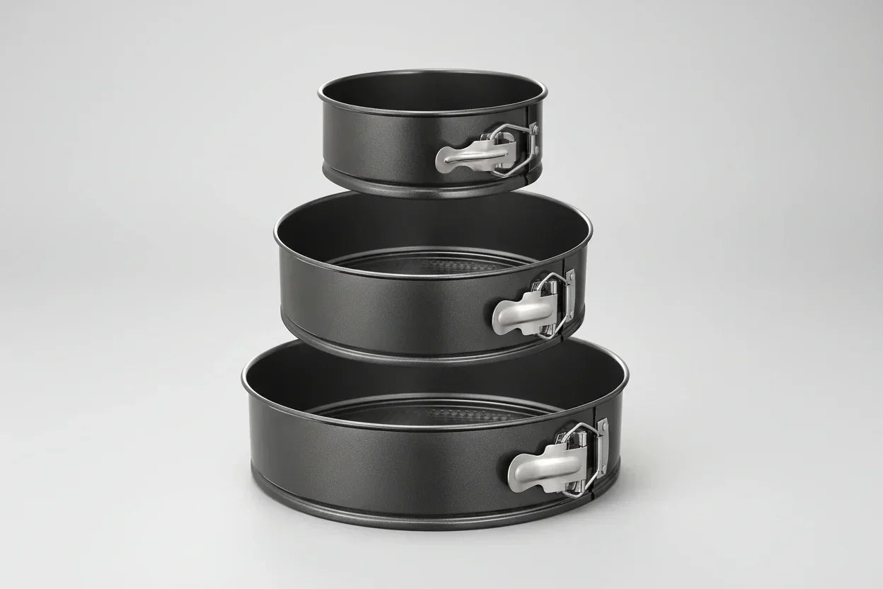 3-piece black nonstick leakproof springform cake pans set in 6, 8, and 10 inch sizes